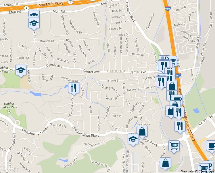 map of restaurants, bars, coffee shops, grocery stores, and more near 347 Flaming Oak Drive in Pleasant Hill