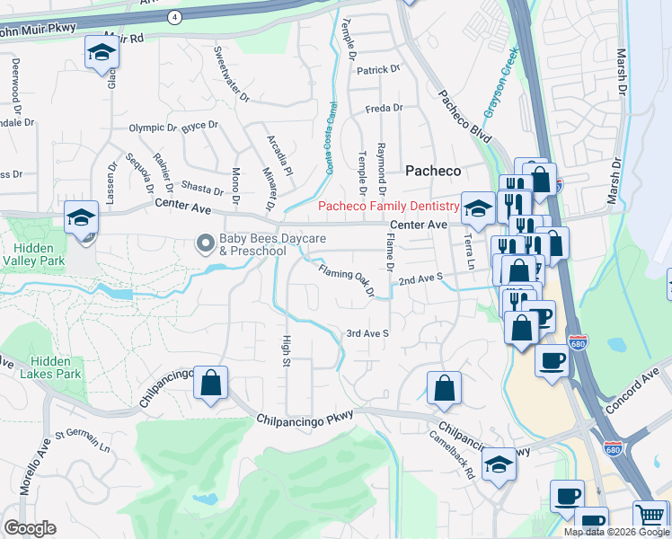 map of restaurants, bars, coffee shops, grocery stores, and more near 347 Flaming Oak Drive in Pleasant Hill