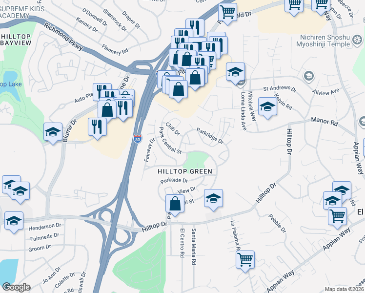 map of restaurants, bars, coffee shops, grocery stores, and more near 1203 Club Court in Richmond