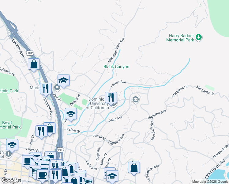 map of restaurants, bars, coffee shops, grocery stores, and more near 226 Magnolia Avenue in San Rafael