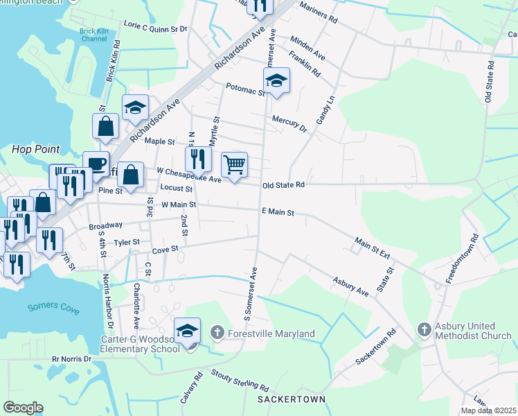 map of restaurants, bars, coffee shops, grocery stores, and more near 1 South Somerset Avenue in Crisfield