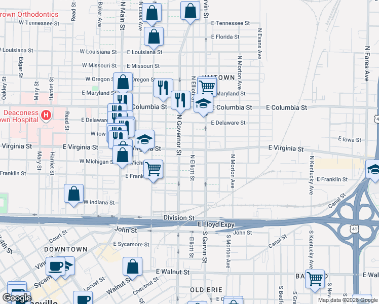 map of restaurants, bars, coffee shops, grocery stores, and more near 421 East Virginia Street in Evansville