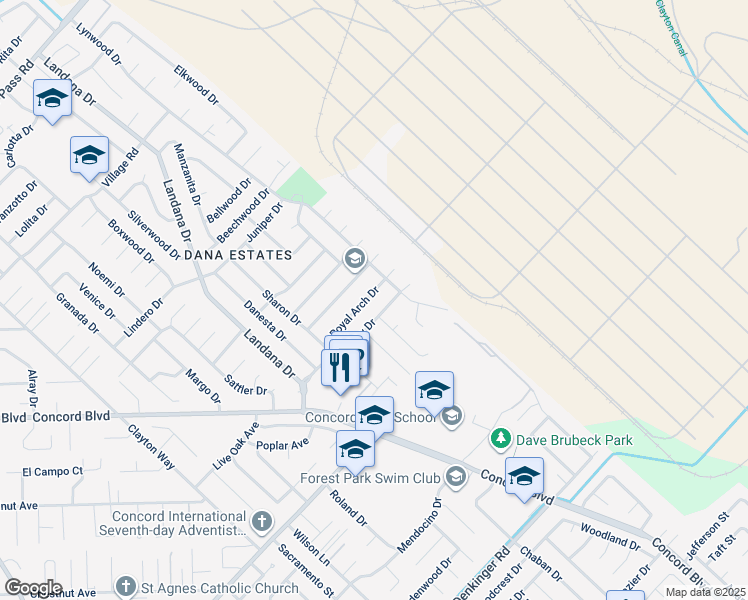 map of restaurants, bars, coffee shops, grocery stores, and more near 3978 Royal Arch Drive in Concord