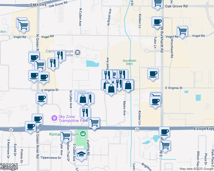 map of restaurants, bars, coffee shops, grocery stores, and more near 6212 East Virginia Street in Evansville