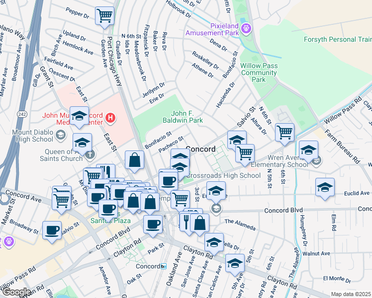 map of restaurants, bars, coffee shops, grocery stores, and more near 2013 Fir Street in Concord
