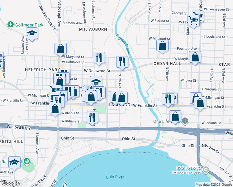 map of restaurants, bars, coffee shops, grocery stores, and more near 1907 West Michigan Street in Evansville