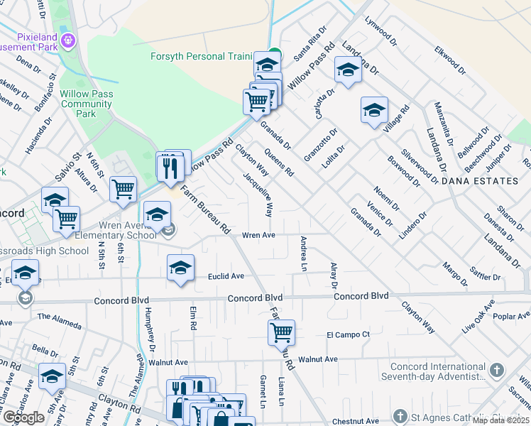 map of restaurants, bars, coffee shops, grocery stores, and more near 1867 Jacqueline Way in Concord