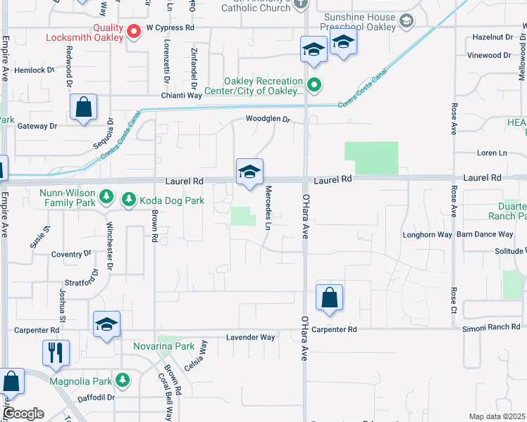 map of restaurants, bars, coffee shops, grocery stores, and more near 91 Mercedes Lane in Oakley