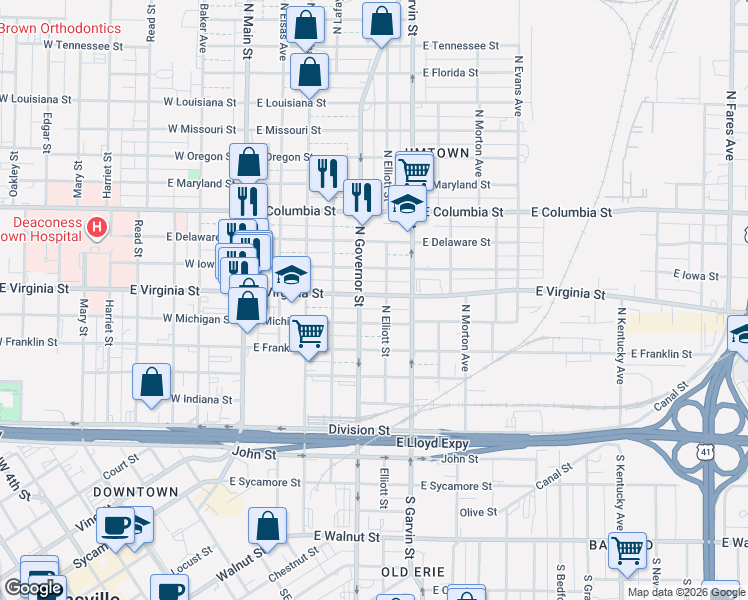map of restaurants, bars, coffee shops, grocery stores, and more near 411 East Virginia Street in Evansville