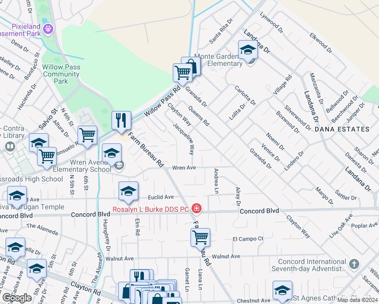 map of restaurants, bars, coffee shops, grocery stores, and more near 1867 Jacqueline Way in Concord