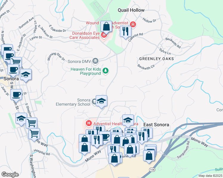 map of restaurants, bars, coffee shops, grocery stores, and more near 19777 Greenley Road in Sonora