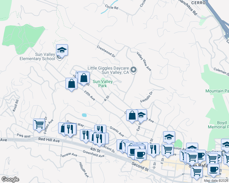 map of restaurants, bars, coffee shops, grocery stores, and more near 378 Forbes Avenue in San Rafael