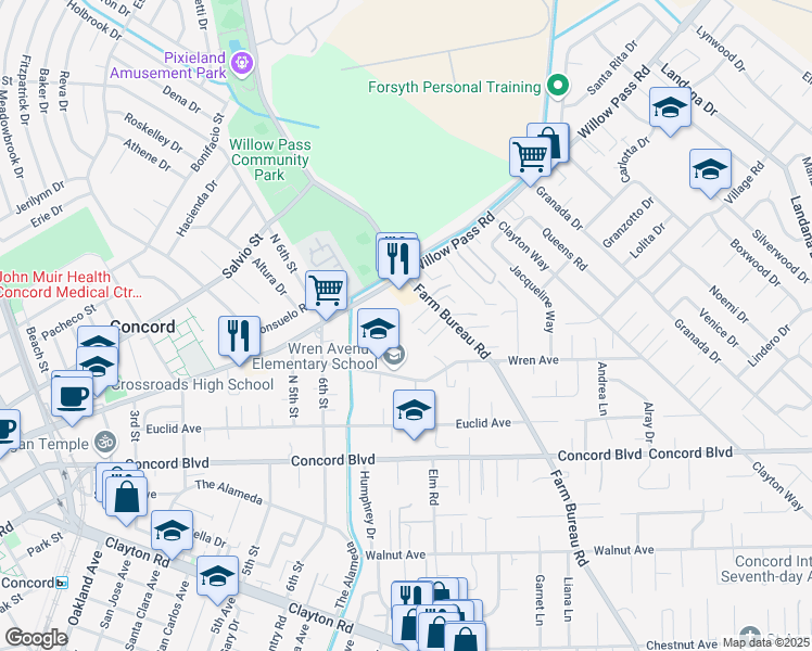 map of restaurants, bars, coffee shops, grocery stores, and more near 1887 Farm Bureau Road in Concord