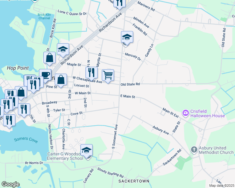 map of restaurants, bars, coffee shops, grocery stores, and more near 2 West Main Street in Crisfield