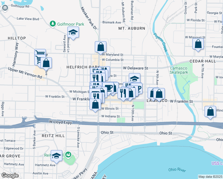 map of restaurants, bars, coffee shops, grocery stores, and more near 2227 West Michigan Street in Evansville