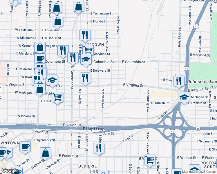 map of restaurants, bars, coffee shops, grocery stores, and more near 739 East Virginia Street in Evansville
