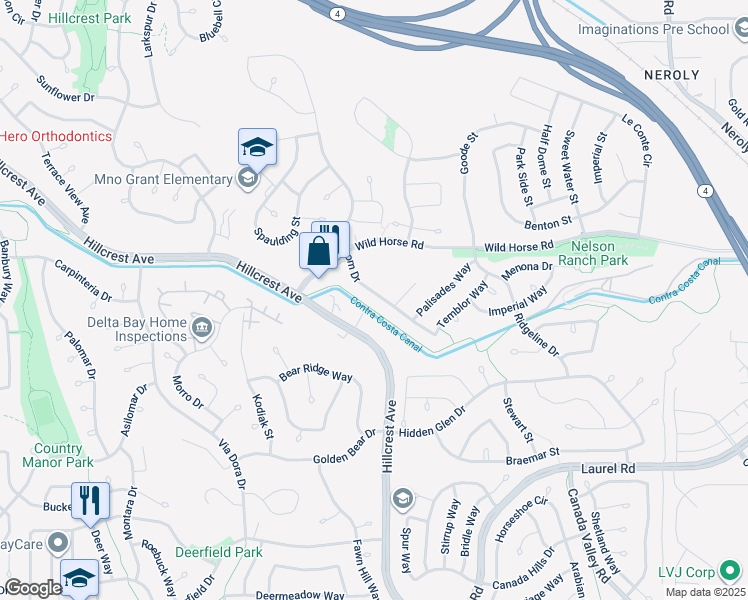 map of restaurants, bars, coffee shops, grocery stores, and more near 4315 Hillcrest Avenue in Antioch
