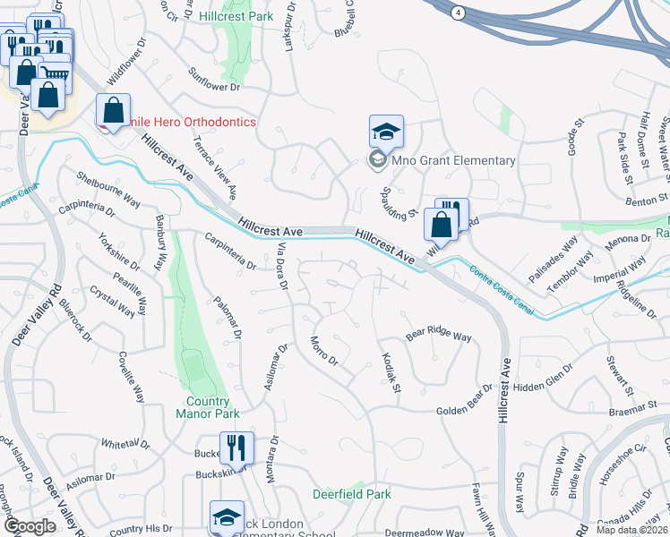 map of restaurants, bars, coffee shops, grocery stores, and more near 2926 Winding Lane in Antioch
