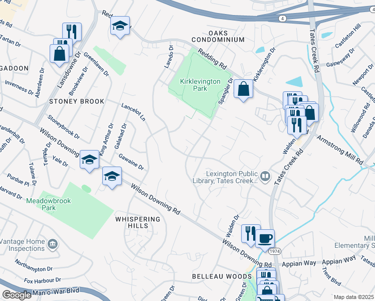 map of restaurants, bars, coffee shops, grocery stores, and more near 3379 Spangler Drive in Lexington