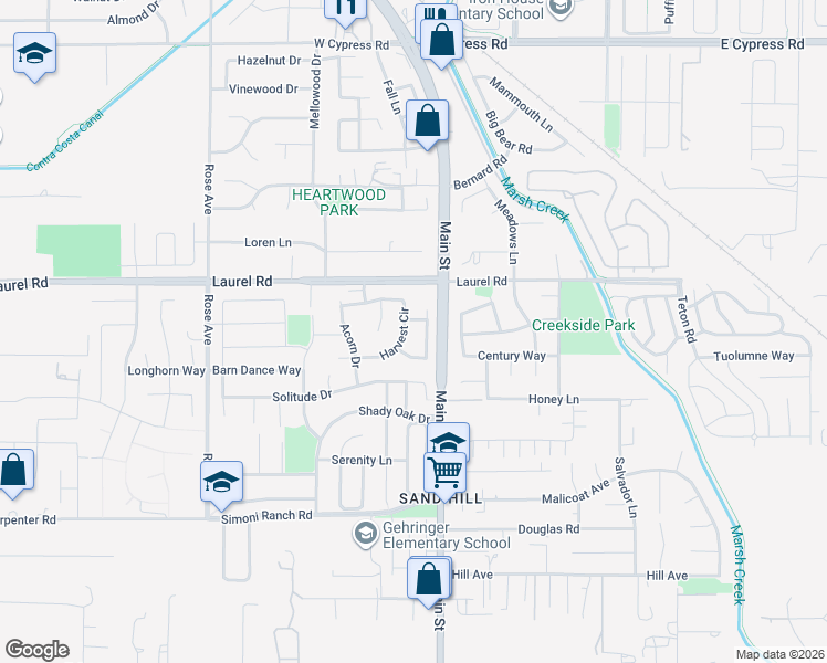 map of restaurants, bars, coffee shops, grocery stores, and more near 3872 Marsh Way in Oakley