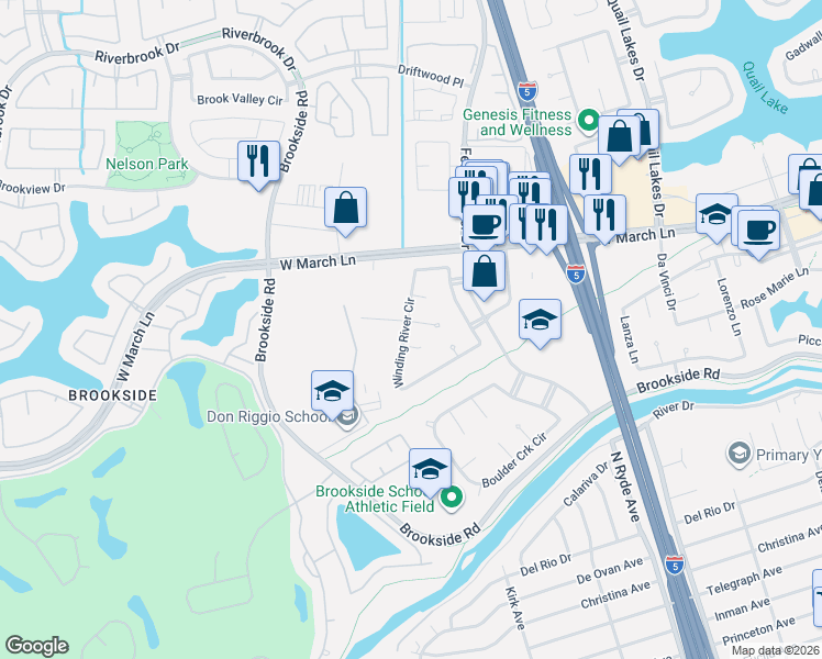 map of restaurants, bars, coffee shops, grocery stores, and more near 4540 Winding River Circle in Stockton