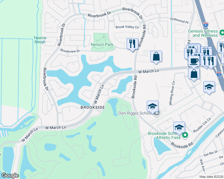 map of restaurants, bars, coffee shops, grocery stores, and more near 4242 Heron Lakes Drive in Stockton