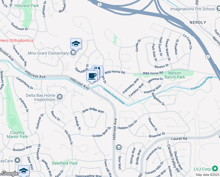 map of restaurants, bars, coffee shops, grocery stores, and more near 4315 Hillcrest Avenue in Antioch