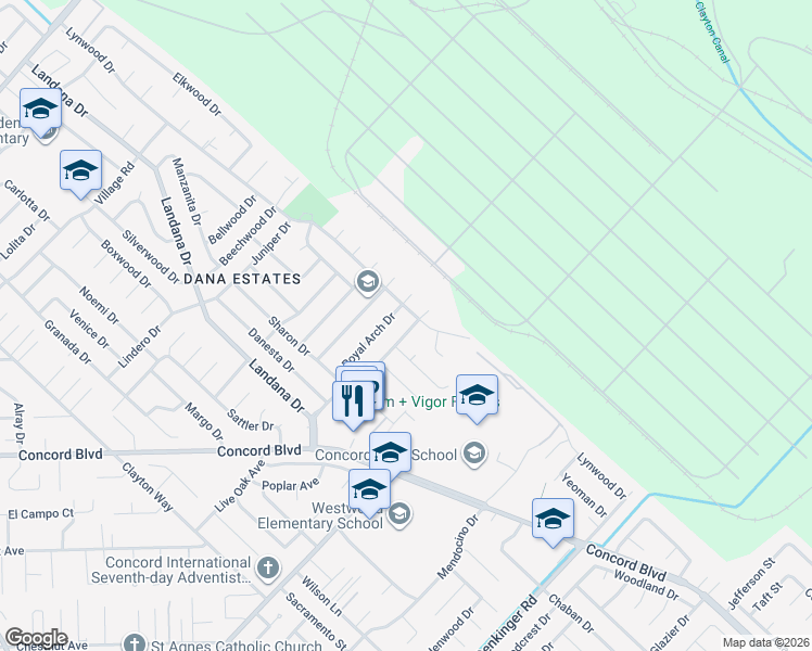 map of restaurants, bars, coffee shops, grocery stores, and more near 3984 Mulberry Drive in Concord