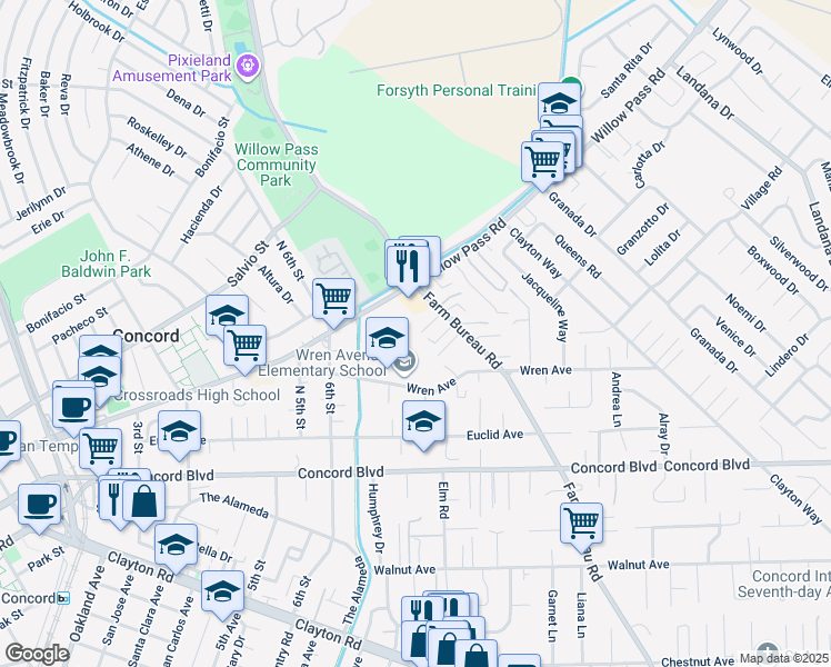 map of restaurants, bars, coffee shops, grocery stores, and more near 1887 Farm Bureau Road in Concord