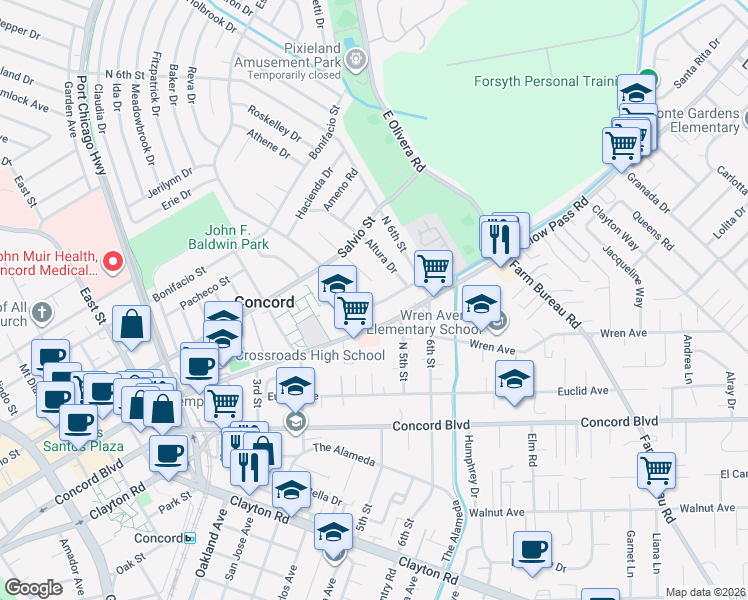 map of restaurants, bars, coffee shops, grocery stores, and more near 2990 Consuelo Road in Concord