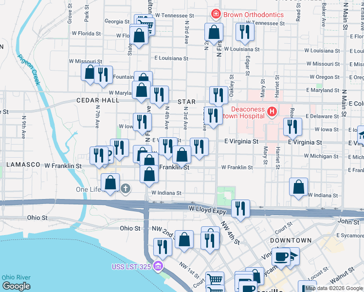 map of restaurants, bars, coffee shops, grocery stores, and more near 413 North 3rd Avenue in Evansville