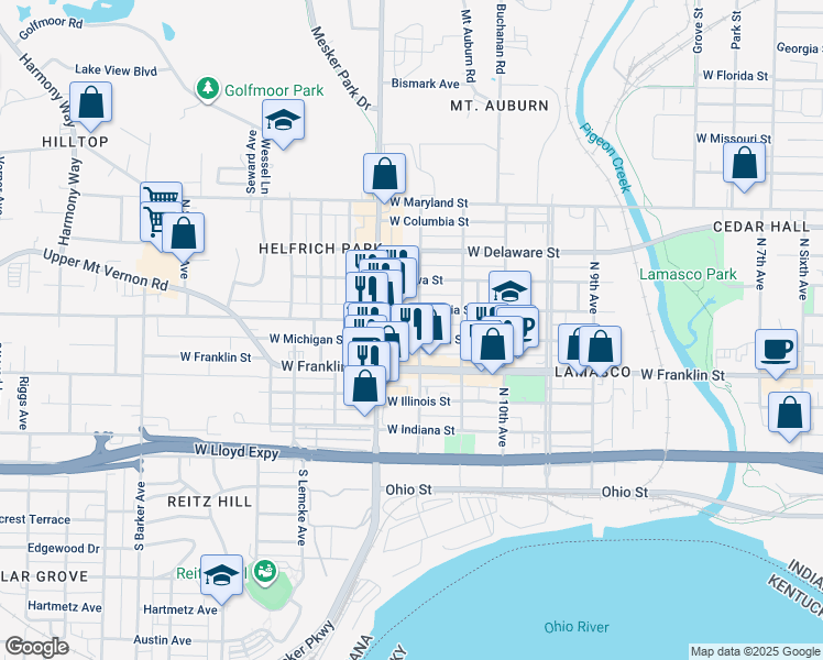 map of restaurants, bars, coffee shops, grocery stores, and more near 2227 West Michigan Street in Evansville