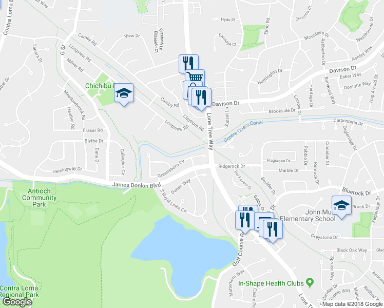 map of restaurants, bars, coffee shops, grocery stores, and more near 26 Greensboro Way in Antioch