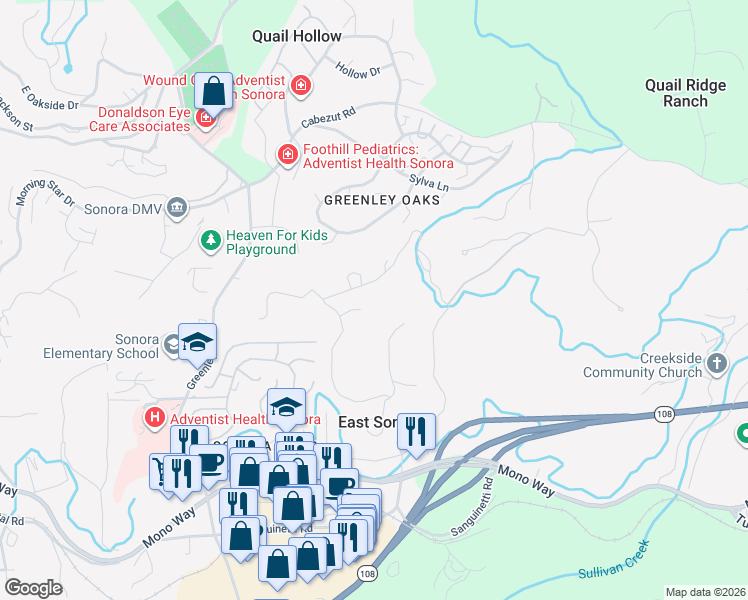 map of restaurants, bars, coffee shops, grocery stores, and more near 12936 Burl Court in Sonora
