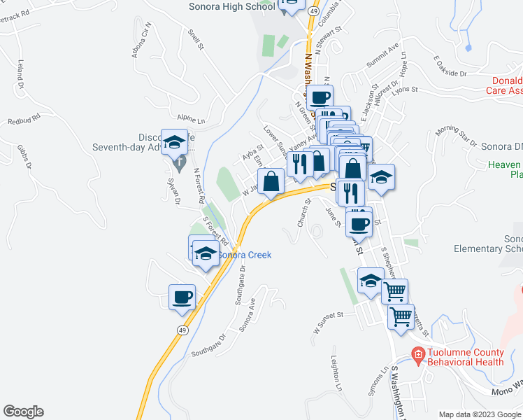 map of restaurants, bars, coffee shops, grocery stores, and more near 265 West Stockton Street in Sonora