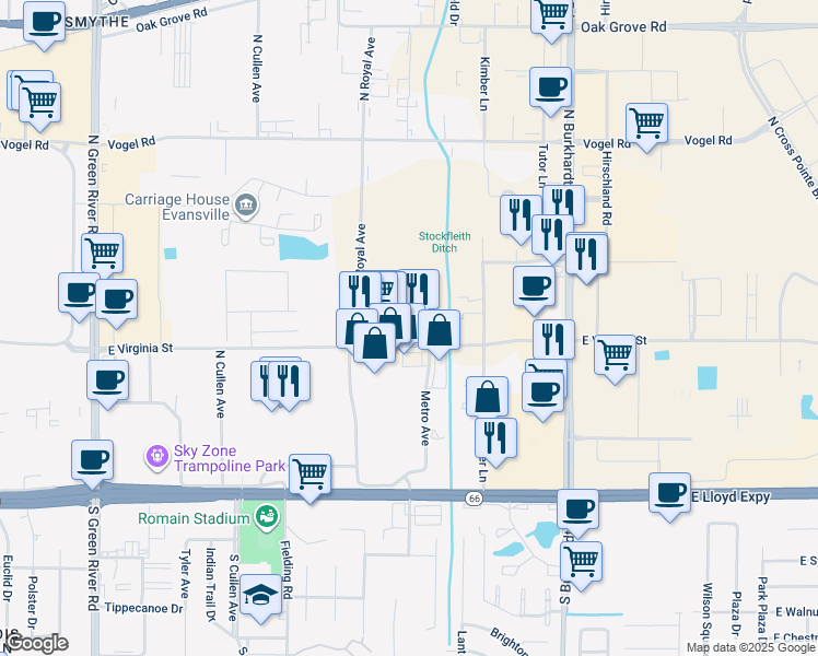 map of restaurants, bars, coffee shops, grocery stores, and more near 5720 East Virginia Street in Evansville