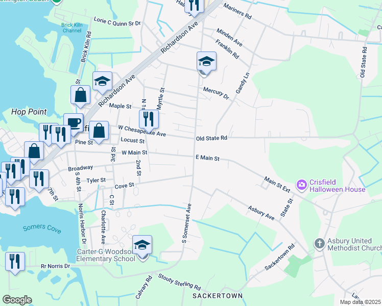 map of restaurants, bars, coffee shops, grocery stores, and more near 2 West Main Street in Crisfield