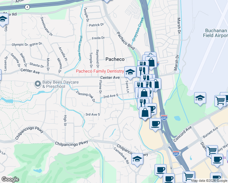 map of restaurants, bars, coffee shops, grocery stores, and more near 151 Elder Drive in Pacheco