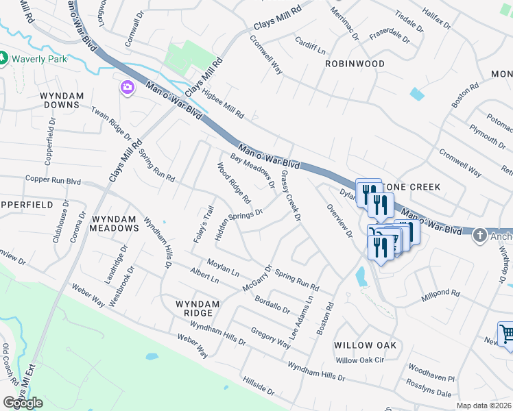 map of restaurants, bars, coffee shops, grocery stores, and more near 1105 Wood Ridge Road in Lexington
