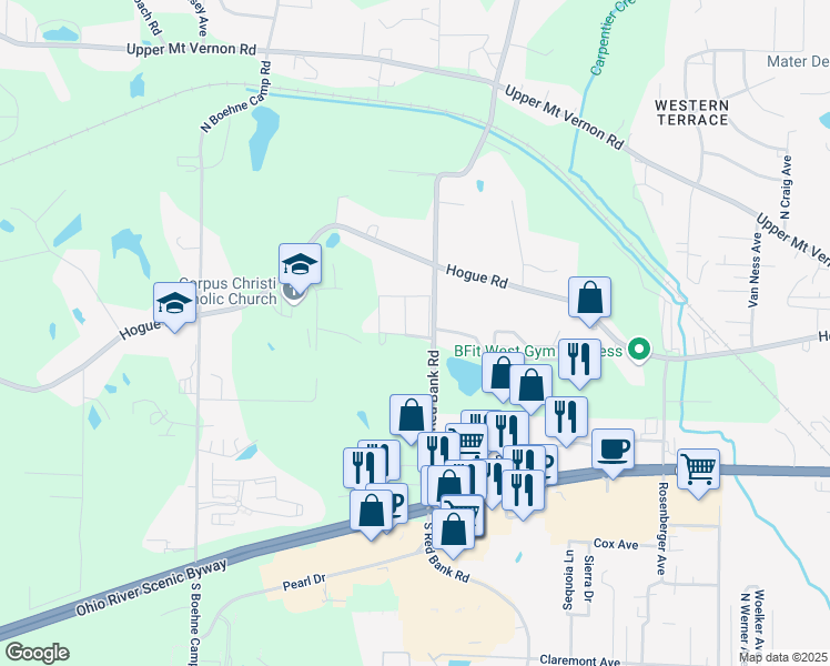 map of restaurants, bars, coffee shops, grocery stores, and more near 5135 South Tower Drive in Evansville