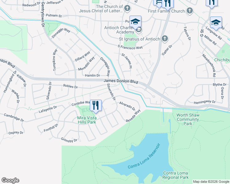map of restaurants, bars, coffee shops, grocery stores, and more near 2005 Cerro Court in Antioch