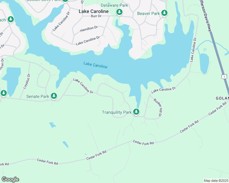map of restaurants, bars, coffee shops, grocery stores, and more near 129 Lake Caroline Drive in Ruther Glen