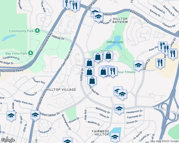 map of restaurants, bars, coffee shops, grocery stores, and more near 2816 Hilltop Mall Road in Richmond