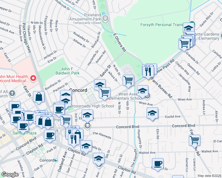map of restaurants, bars, coffee shops, grocery stores, and more near 2990 Consuelo Road in Concord