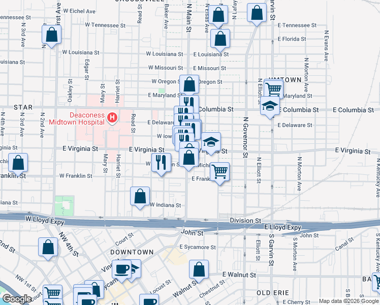 map of restaurants, bars, coffee shops, grocery stores, and more near 410 N Main St in Evansville
