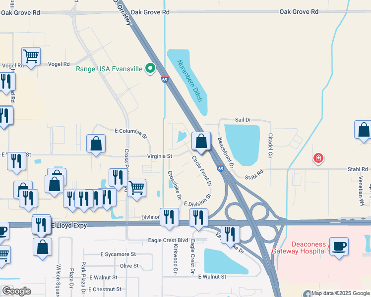 map of restaurants, bars, coffee shops, grocery stores, and more near 7823 Circle Front Drive in Evansville