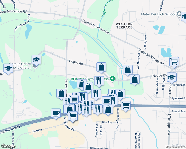 map of restaurants, bars, coffee shops, grocery stores, and more near 4616 Rolling Ridge Court in Evansville