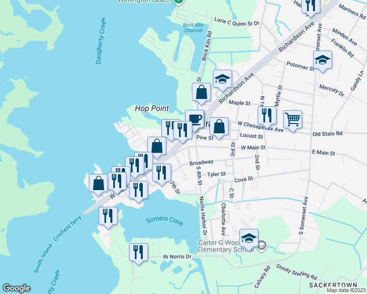 map of restaurants, bars, coffee shops, grocery stores, and more near 514 West Main Street in Crisfield
