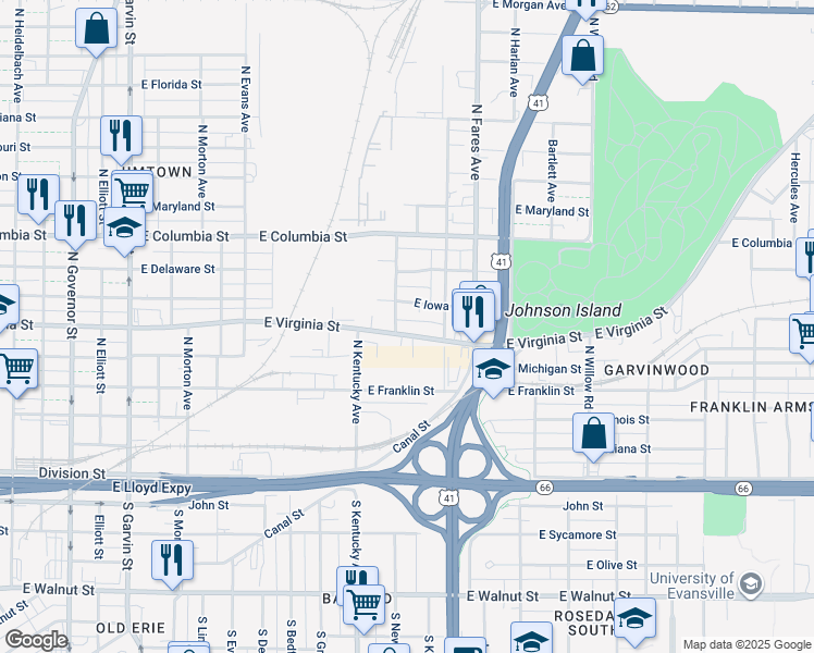 map of restaurants, bars, coffee shops, grocery stores, and more near 1101 East Virginia Street in Evansville