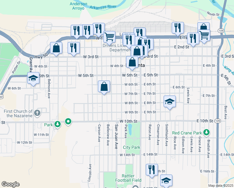 map of restaurants, bars, coffee shops, grocery stores, and more near 248 West 7th Street in La Junta